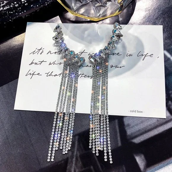 Long Tassel Rhinestone Drop Earrings - Picture 9 of 15